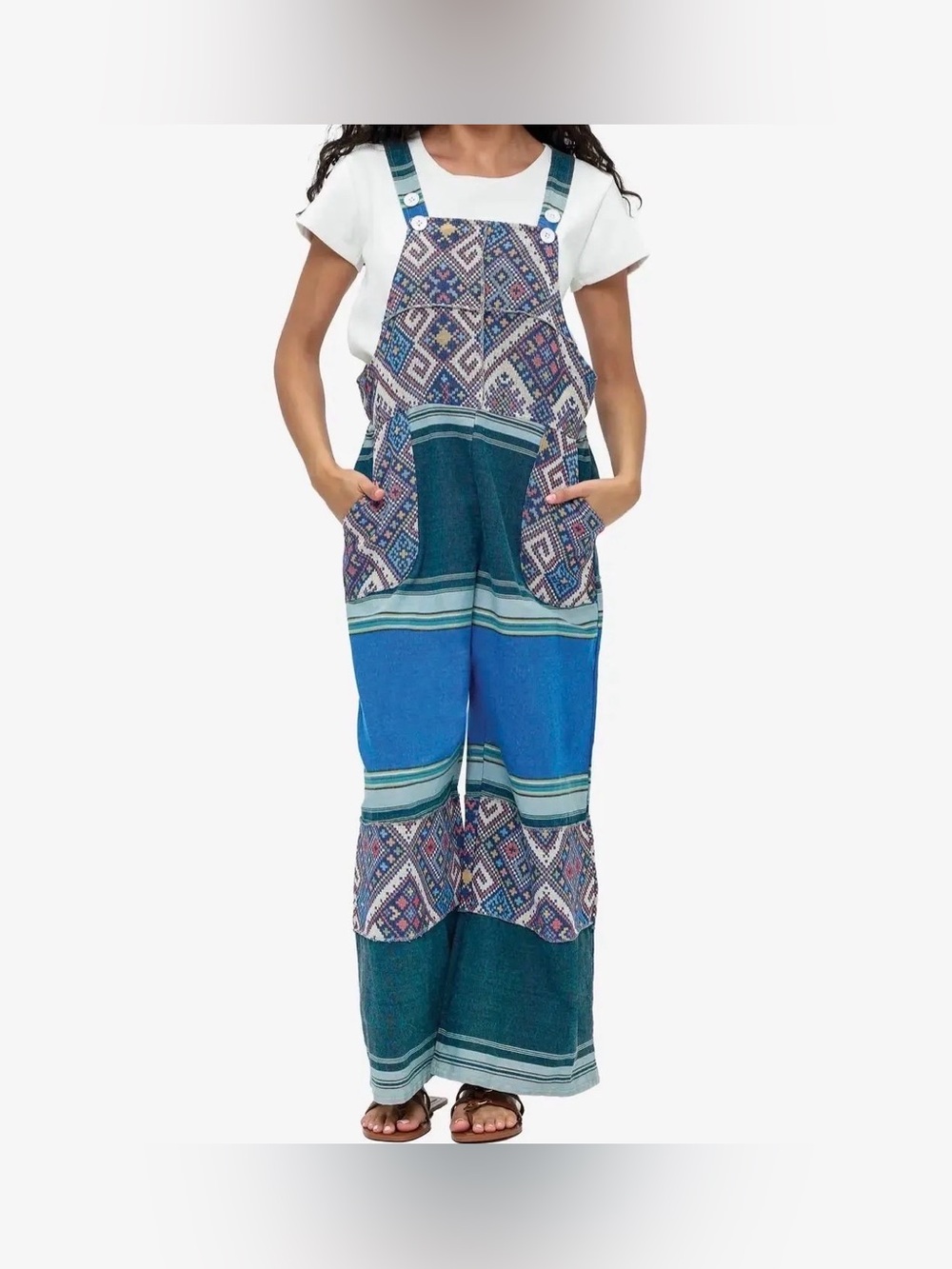 Yak & Yeti Boho Patchwork Overalls Wide Leg Jumpsuit Festival Hippie S/M NWT